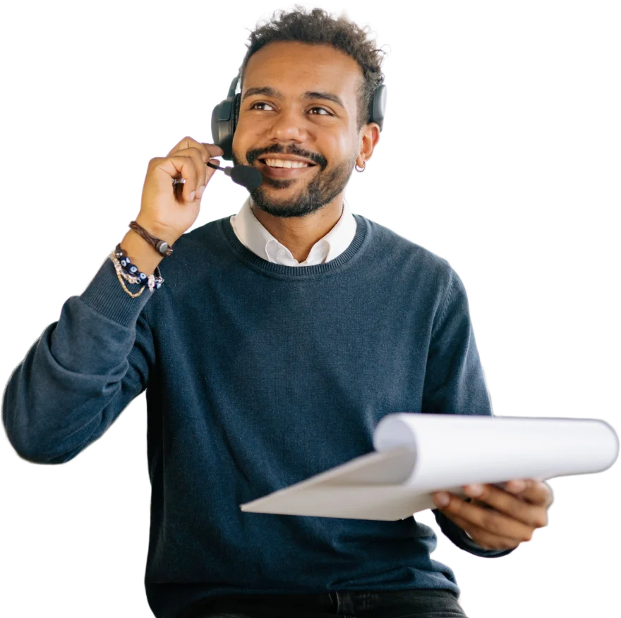 Smiling customer service representative with a headset and notepad