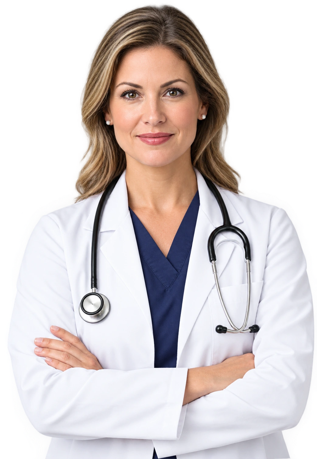 Smiling doctor in a white coat with a stethoscope, arms crossed