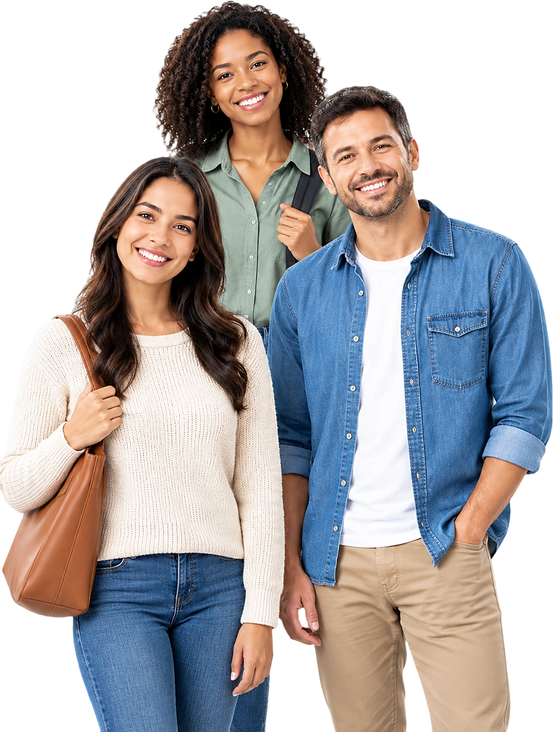 Three smiling adults standing together