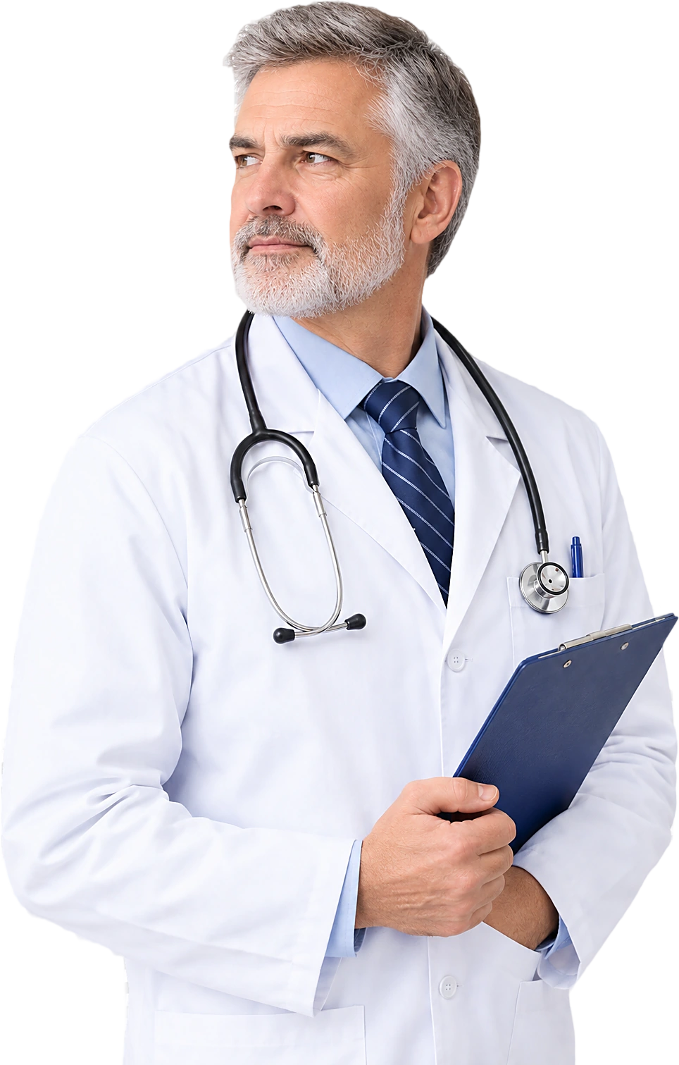 Doctor in a white coat with a stethoscope, holding a clipboard